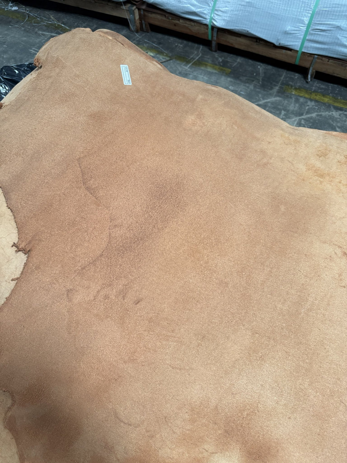 Flesh side of a rose skirting bull side with its measurement tag